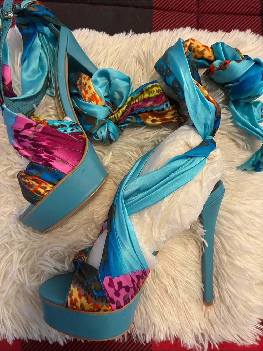 bebe Turquoise Satin Platform Heels with Multicolor Scarf Wrap size 6